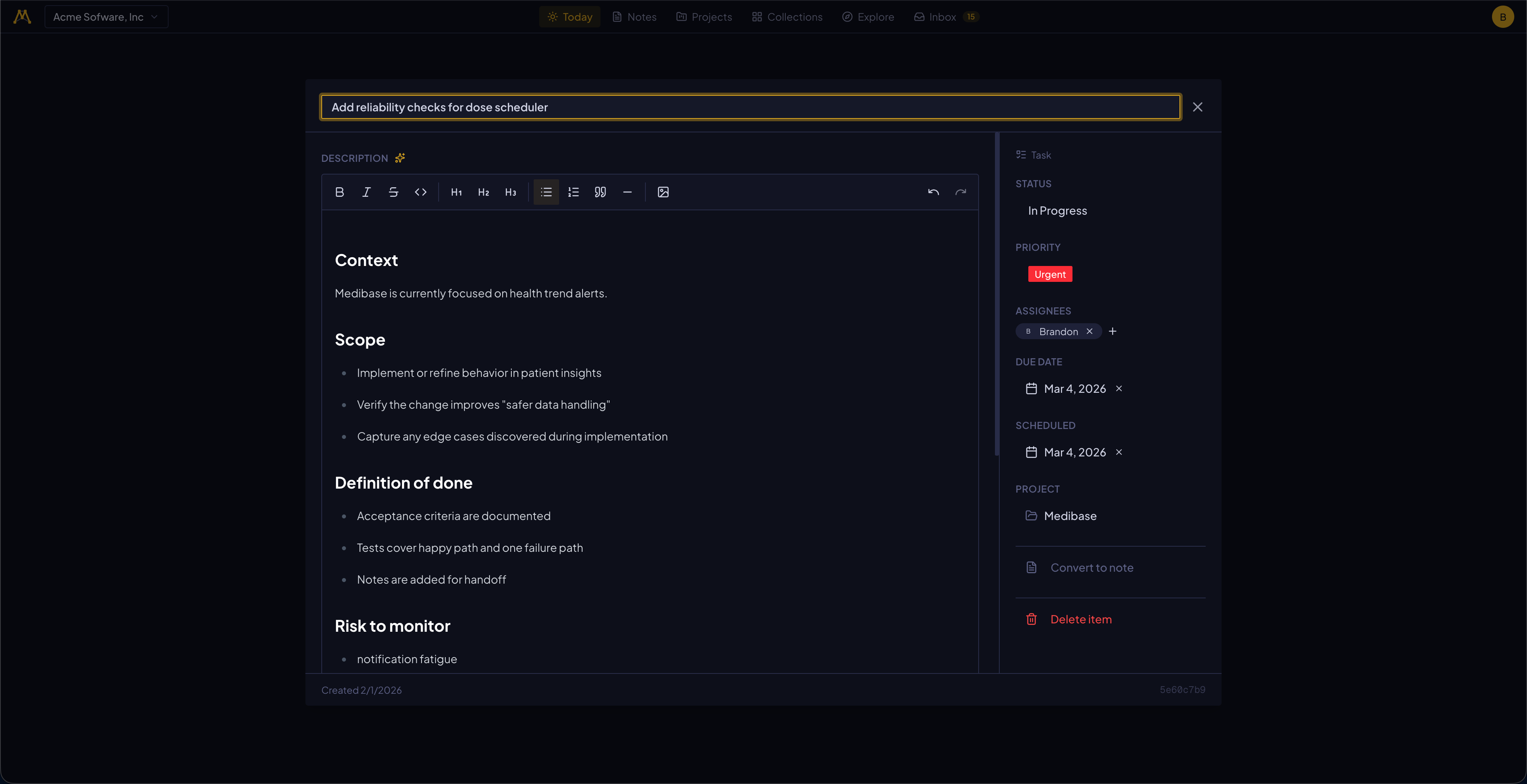 Memrik item detail with rich editor and metadata